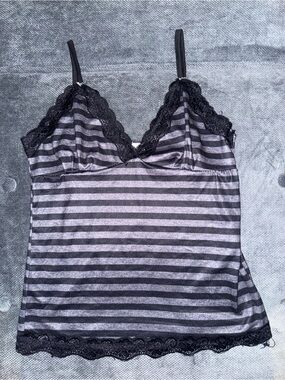 Striped Lace Trim Cami Tank Top - Black & Gray